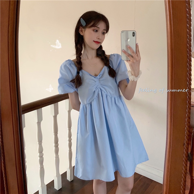 Váy midi màu trơn kiểu dáng thời trang mùa hè phong cách Hàn Quốc