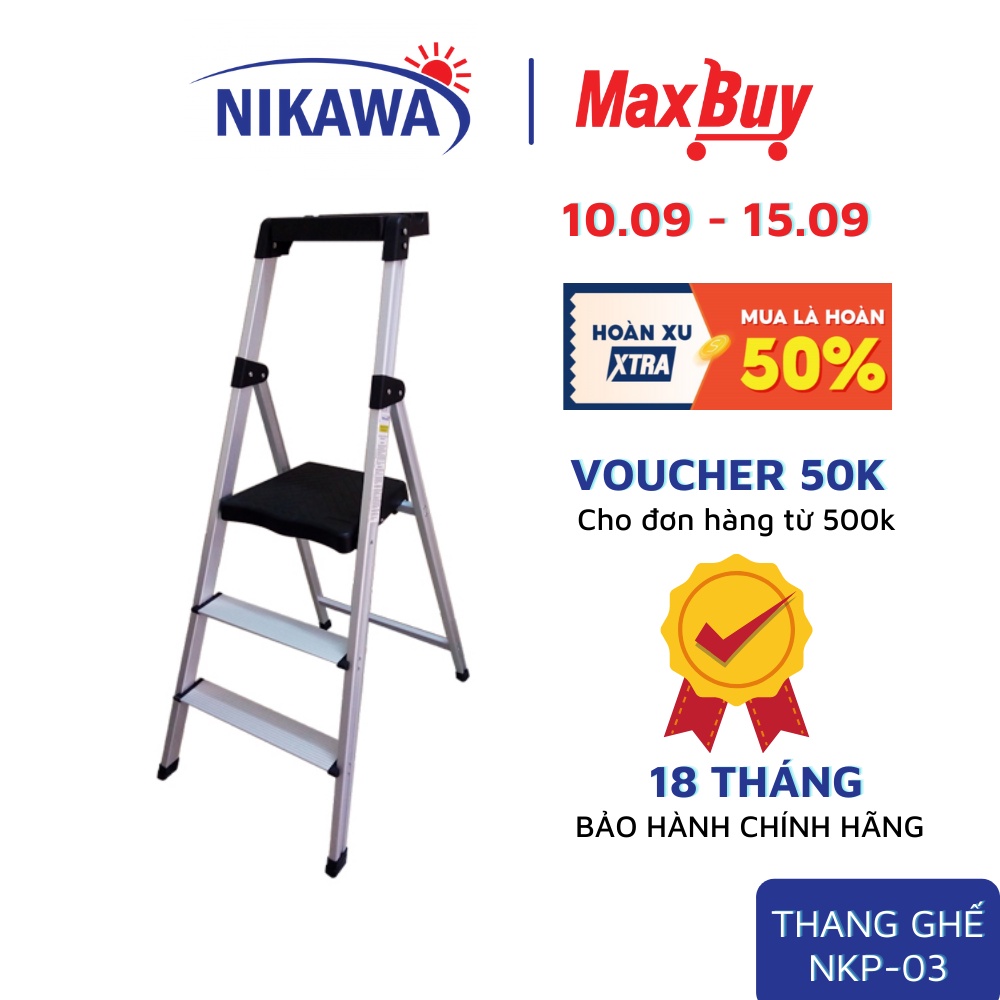 Thang nhôm, thang ghế Nikawa NKP-03, 3 bậc, nhập khẩu Nhật Bản, bảo hành chính hãng 18 tháng