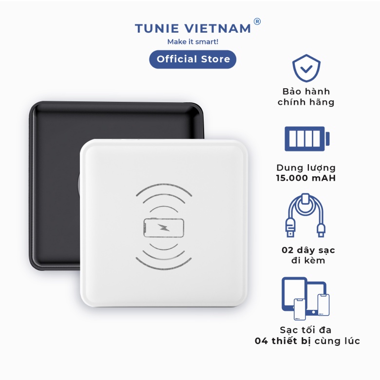 Sạc dự phòng Tunie 4in1 15000mAh hỗ trợ sạc nhanh, kèm cáp sạc, sạc không dây, màn LED hiển thị