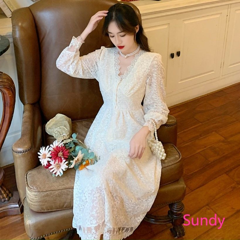 Đầm nữ thời trang tay dài cổ chữ V thiết kế phối ren phong cách cổ điển