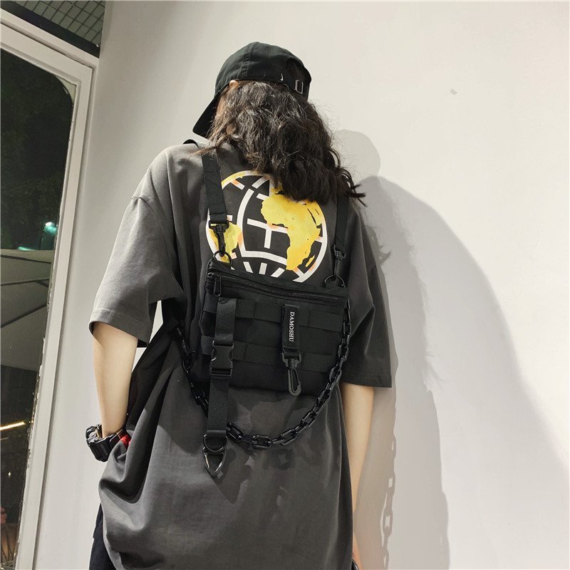 Túi Đeo Trước Ngực Chain Dạ Quang Màu Đen Unisex Quảng Châu Street Style Menswear Đi Quẩy Rave Fanny Bag Ngầu Darkwear
