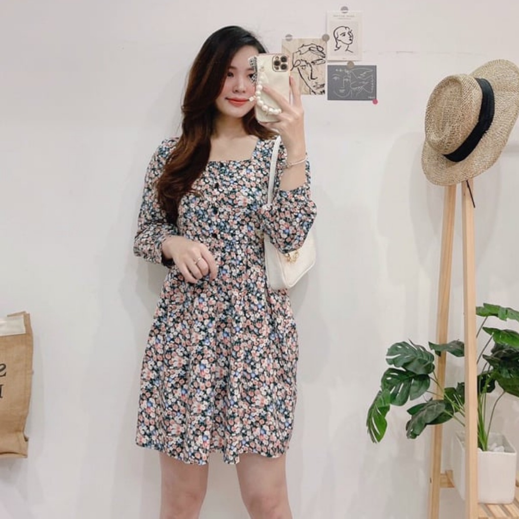 Đầm hoa nhí đen, Đầm babydoll ngắn Cao Cấp thiết kế dự tiệc cổ vuông tay ngắn dáng xòe trang trọng - MiNhi