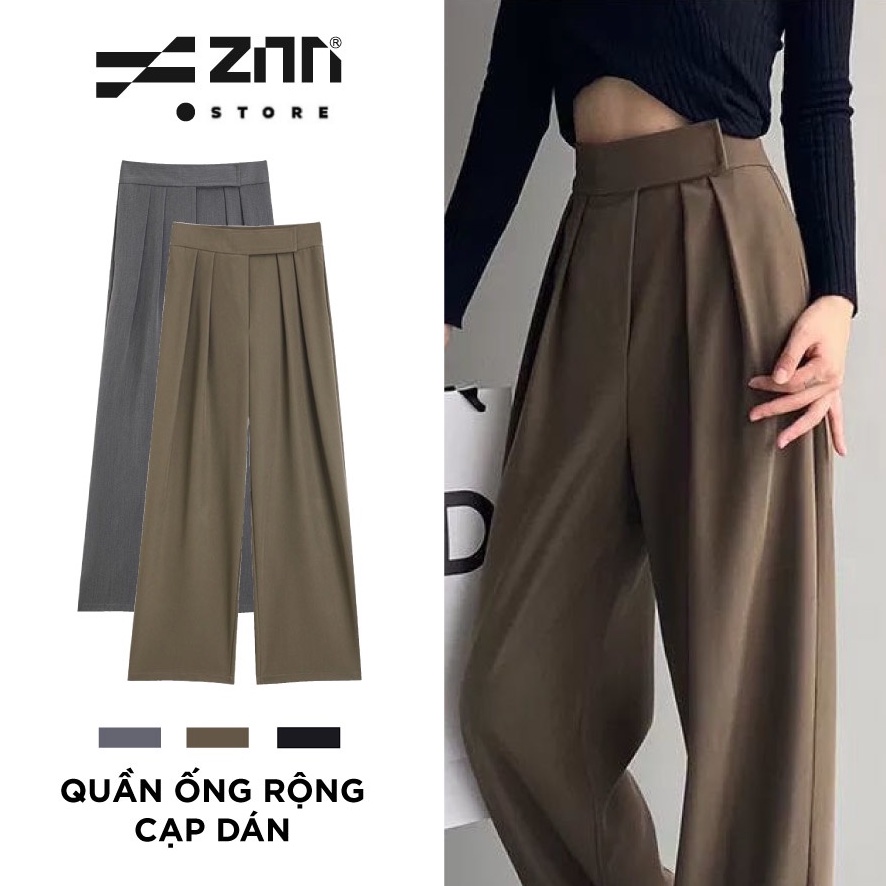 Quần Ống Rộng Nữ Cạp Dán Công Sở Lưng Cao 3 Màu Nâu Đen Xám Zinti Store QD38