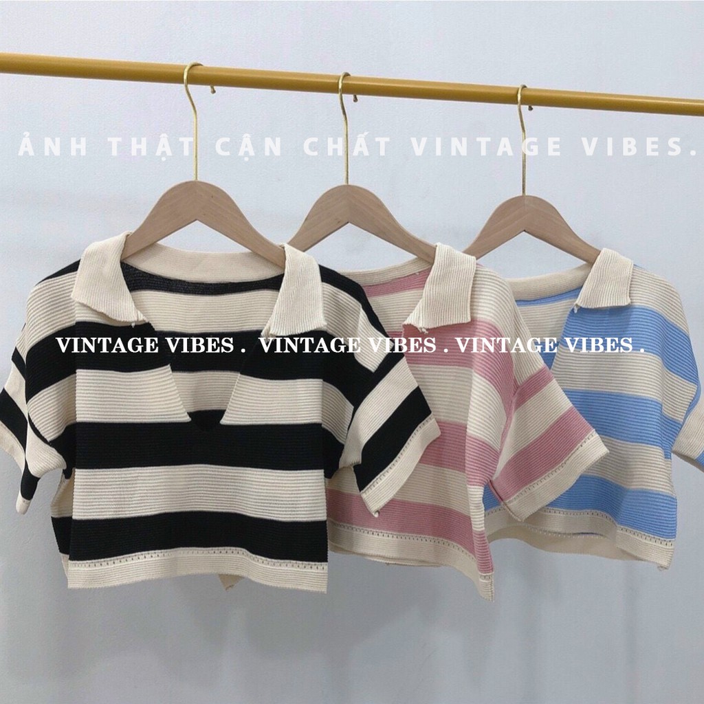 Áo croptop cổ V kẻ ngang ngắn tay Ulzzang (hàng QC) - Ảnh thật cận chất