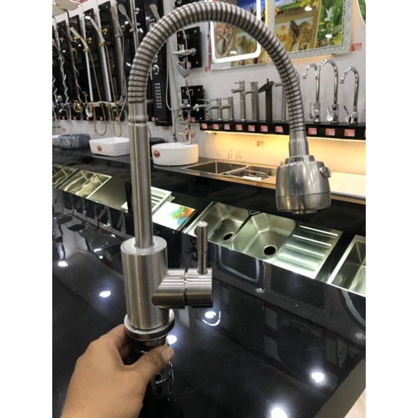 Vòi rửa bát nóng lạnh INOX Sus 304 gắn chậu , cần mềm kèm dây nóng lạnh