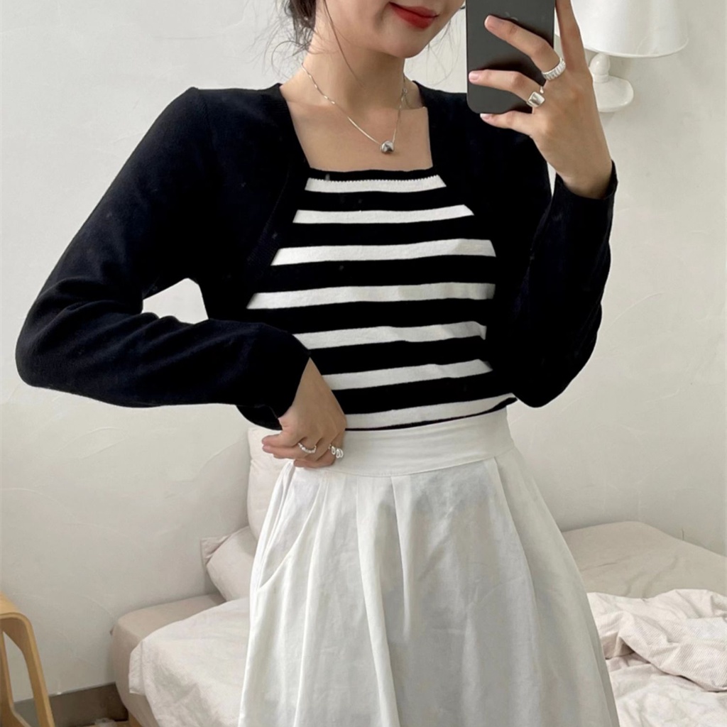 SUXI Áo Sweater Dệt Kim Tay Dài Dáng Ôm Họa Tiết Kẻ Sọc Thời Trang Mùa Thu Mới Cho Nữ