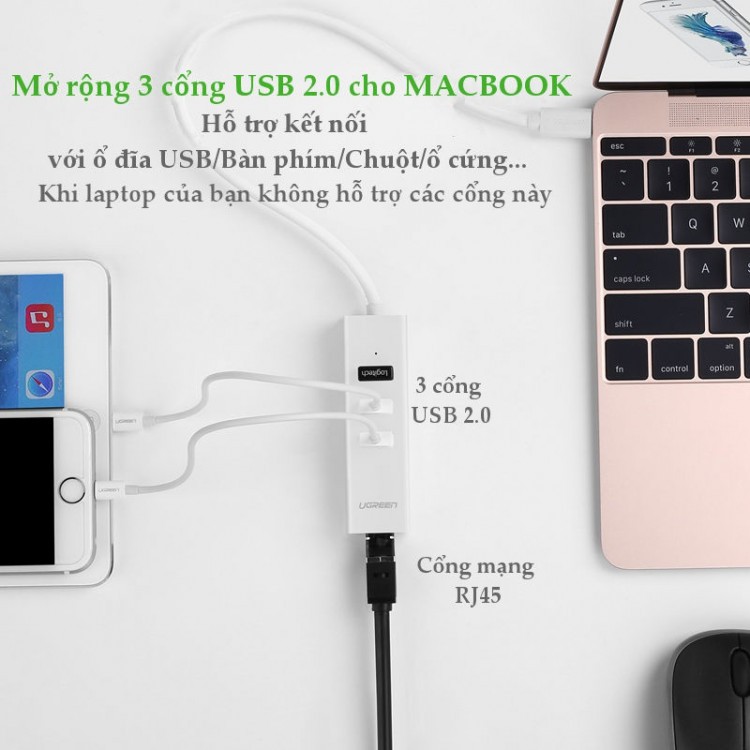 Cáp chuyển đổi USB Type C sang Lan RJ45 và 3 cổng USB 2.0 Ugreen 020792 - Hàng Chính Hãng BH 18 Tháng