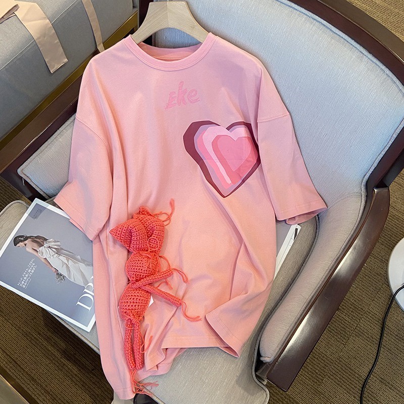 Áo thun ZHELIHANGFEI tay ngắn dáng rộng in hình trái tim thời trang cho nữ