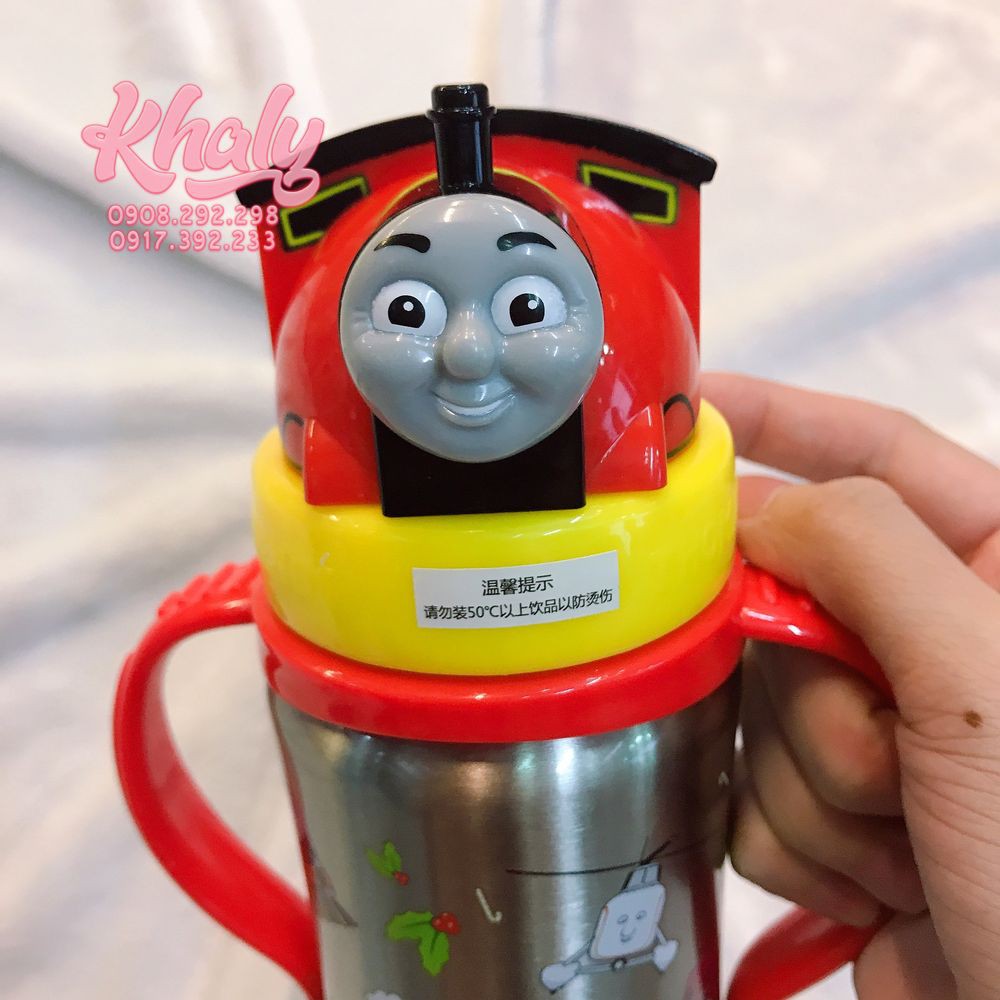 Bình nước giữ nhiệt 2 quai cầm dài có ống hút hình xe lửa Thomas & Friends cho trẻ em, bé trai (350ml)