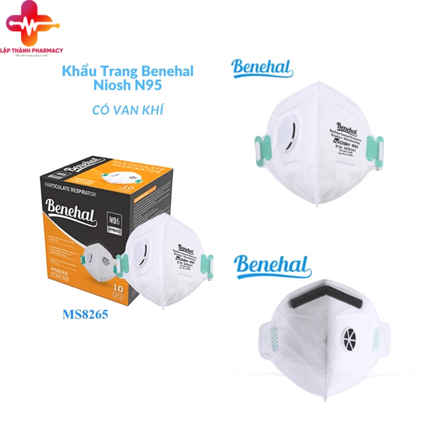 Khẩu trang N95 Benehal hộp 10 cái dạng gập, có van MS8265 -Tiêu chuẩn NOISH Hoa Kỳ Kháng khuẩn, chuyên dùng y bác sĨ