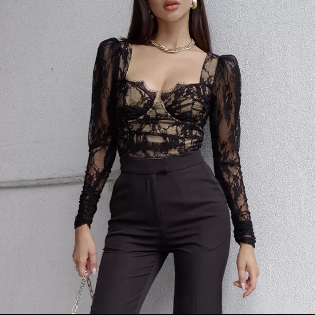Áo xuyên thấu tay dài phối ren màu đen gợi cảm phong cách Âu Mĩ 2021 InstaHot