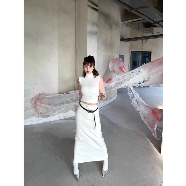 Chân váy dáng dài vintage xẻ sau