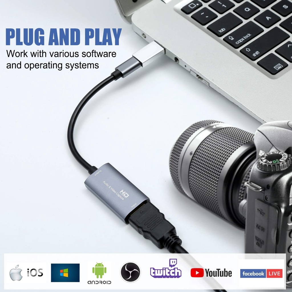 Audio Video Capture Card HDMI to Type-C Record and Live Streaming via DSLR,Camcorder,Action Cam,iPhone,PS4, Xbox one, 360, Wii U and Nintendo Switch,Video Conferencing,Teaching