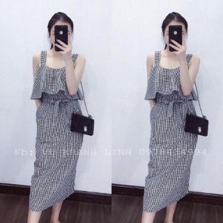 Đầm caro nơ eo