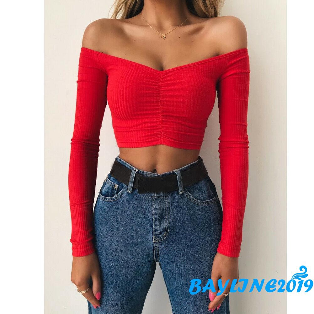 Áo thun crop top lệch vai tay dài giản dị ôm dáng cho nữ | BigBuy360 - bigbuy360.vn