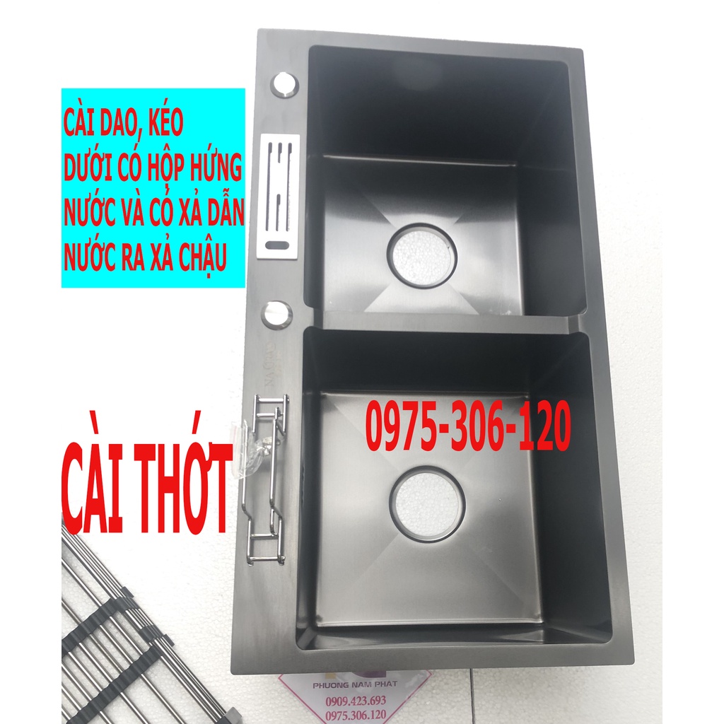 Combo Chậu Rửa Chén Bát CAO CẤP PHỦ NANO CHỐNG TRẦY XƯỚC N36 8245 CÀI DAO THỚT và Rổ Rút Đa Năng và xả chậu