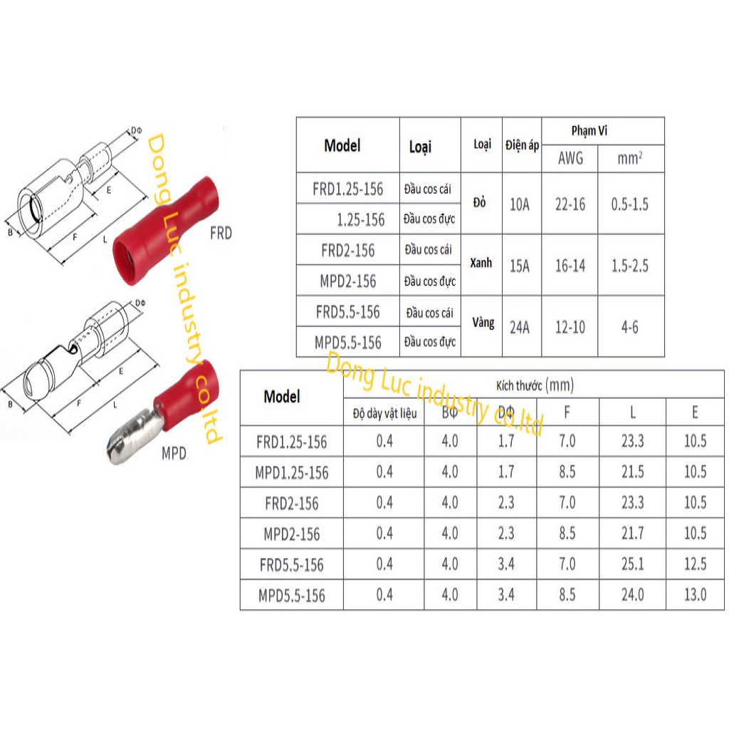 Đầu Cos đực cái MPD FRD 1.25-156 100 hoặc 50cặp, cốt âm dương ghim tròn, cosse bấm nối dây điện 0.5mm 1.5mm bằng đồng