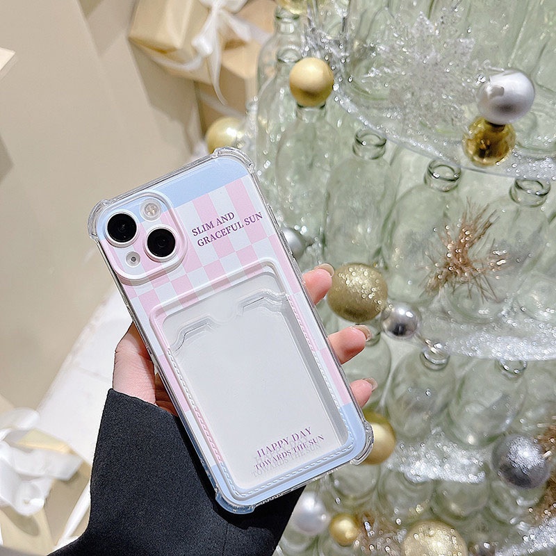 Ốp lưng iphone ốp Điện Thoại Họa Tiết Sọc Caro Màu Hồng / Xanh Dương Kèm Ngăn Đựng Thẻ Cho iPhone 14 13 12 11 PROMAX XS XR XSMAX SE2020 6 7 8PLUS