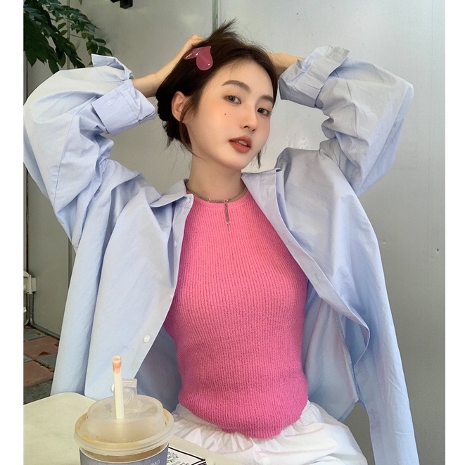 QKOOLE Áo sơ mi nữ  tay dài dáng rộng hở lưng phong cách Hàn Quốc thời trang
