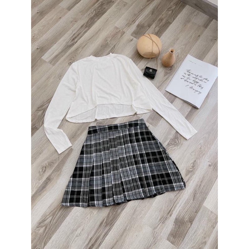 Set áo croptop đũa + chấn xếp li caro💙 | BigBuy360 - bigbuy360.vn