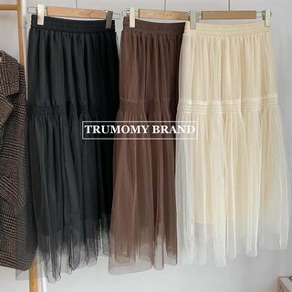 Chân váy xoè midi dáng dài phối rúm 2 lớp ren nhung cạp nhung Quảng Châu -Trumomy