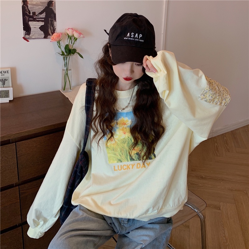 SUXI Áo Thun Sweater Thể Thao Tay Dài Cổ Tròn Dáng Rộng In Họa Tiết Thời Trang Mùa Thu