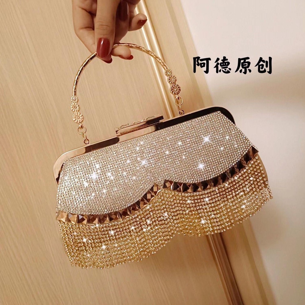 Túi Xách Tay Dự Tiệc Thiết Kế Mới Đính Đá Và Tua Rua Cao Cấp Thời Trang