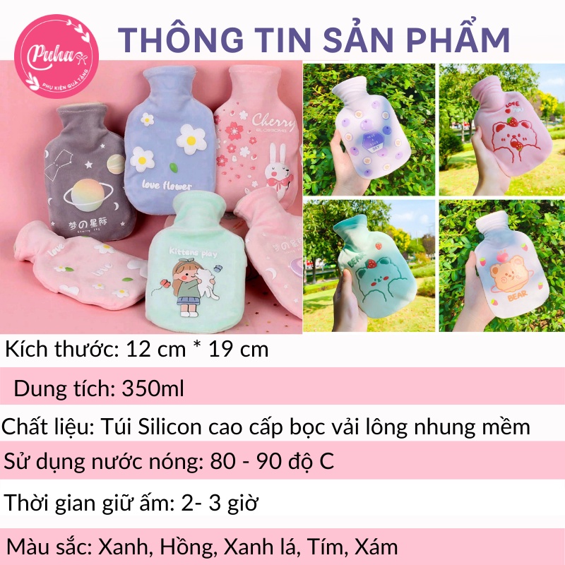 Túi chườm nóng lạnh PUHA 350ml, chườm ấm nóng giảm đau bụng kinh cho nữ, túi sưởi ấm giữ nhiệt đa năng