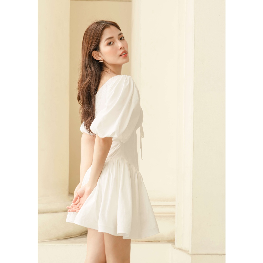 Đầm linen trắng xoè tay phồng - belle dress - dearie.club