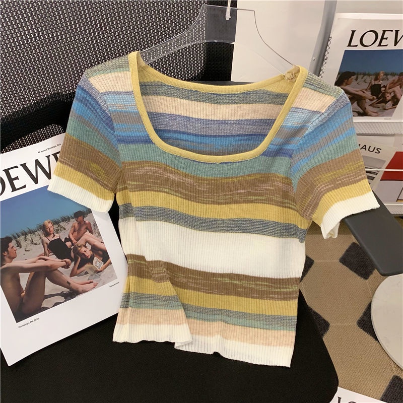 Áo Kiểu Cổ Vuông Tay Ngắn Họa Tiết Kẻ Sọc Màu Sắc Tương Phản Phong Cách Hàn Quốc Thời Trang