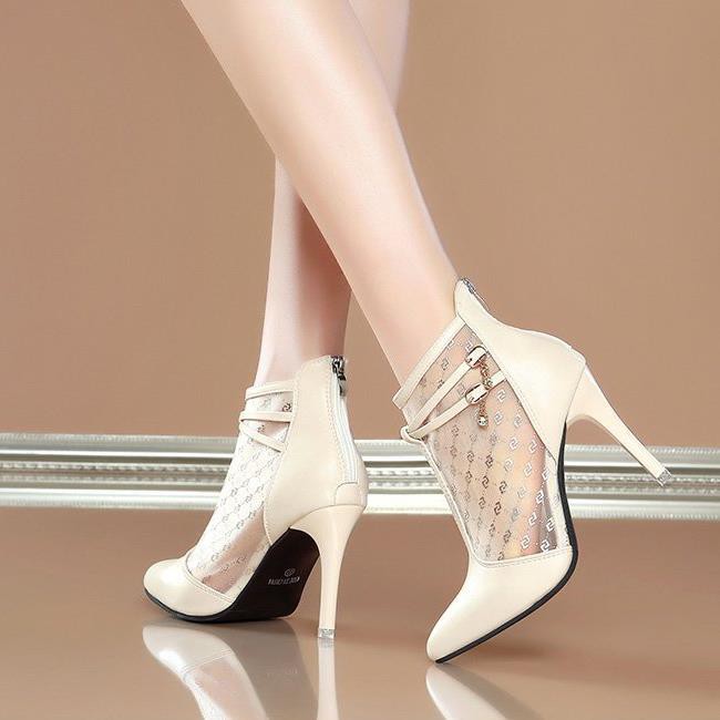 ✣⊕┅Net gauze sandals women 2021 new pointed-toe boots fine-heeled hollow high-heel Baotou Roman