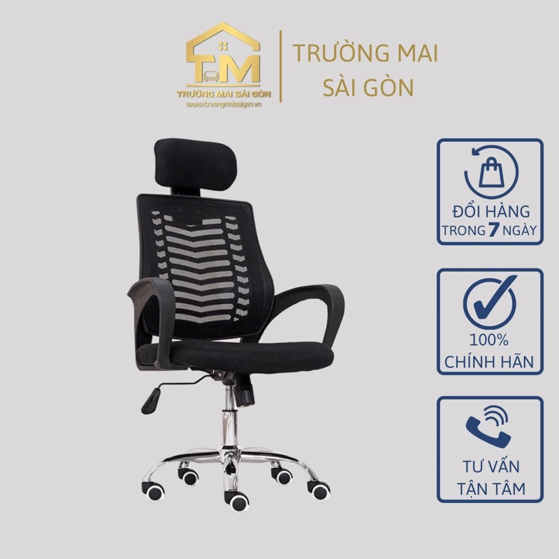ghế làm việc văn phòng có tựa đầu hiện đại dạng lưới thoáng mát kết hợp nâng hạ xoay tròn 360 độ thư giãn Trường Mai