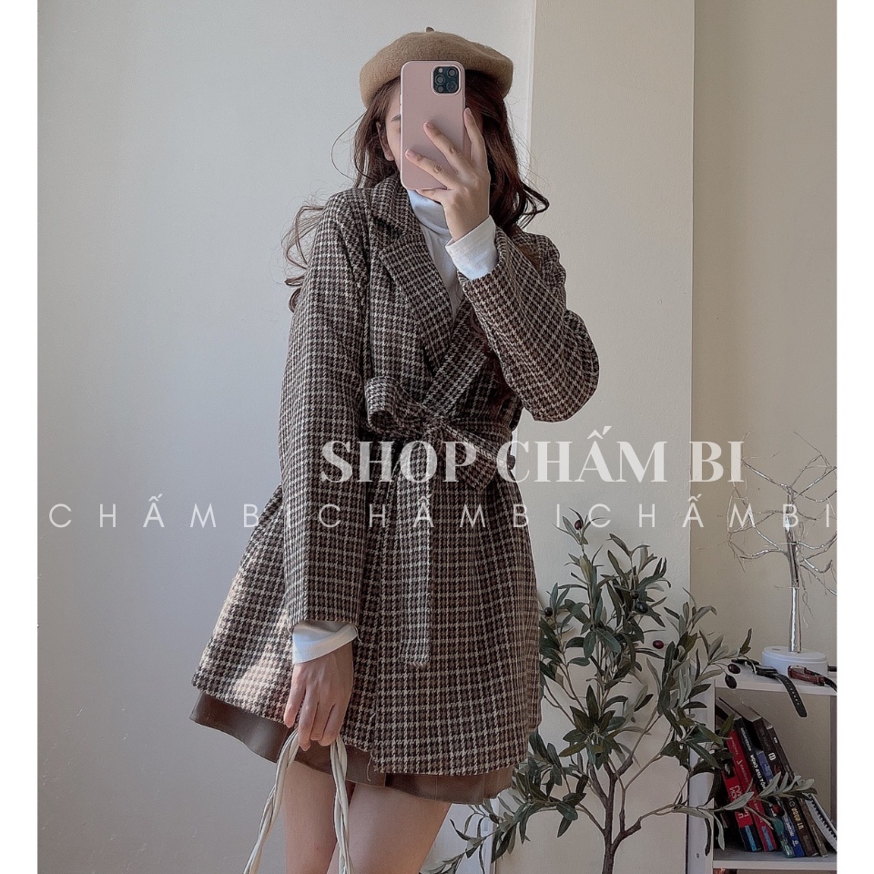 Áo khoác kiểu nữ A.274, Áo khoác dạ kẻ caro cổ vest 2 màu thắt đai eo tiểu thư