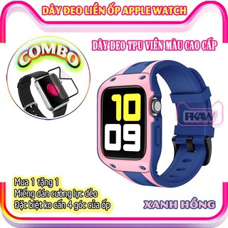 Dây Đeo liền ốp cho Apple Watch 7/6/5/4/3/2/1 size 38/40/41/42/44/45mm TPU Chống Sốc Viền Màu_Xanh Hồng (tặng dán AW)
