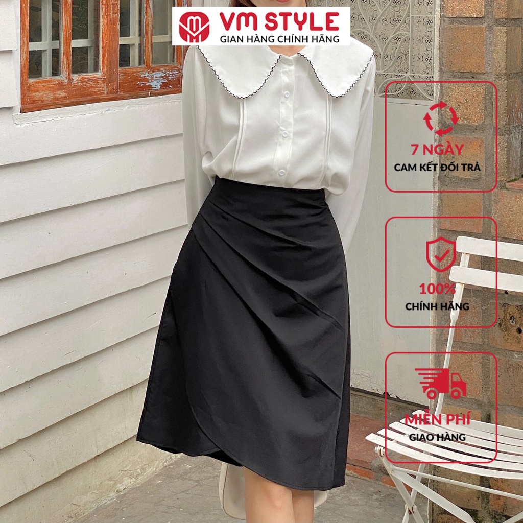 Chân váy dáng dài VMSTYLE xếp ly bên xòe đắp tà chéo màu đen 07163 22CV06CT0101