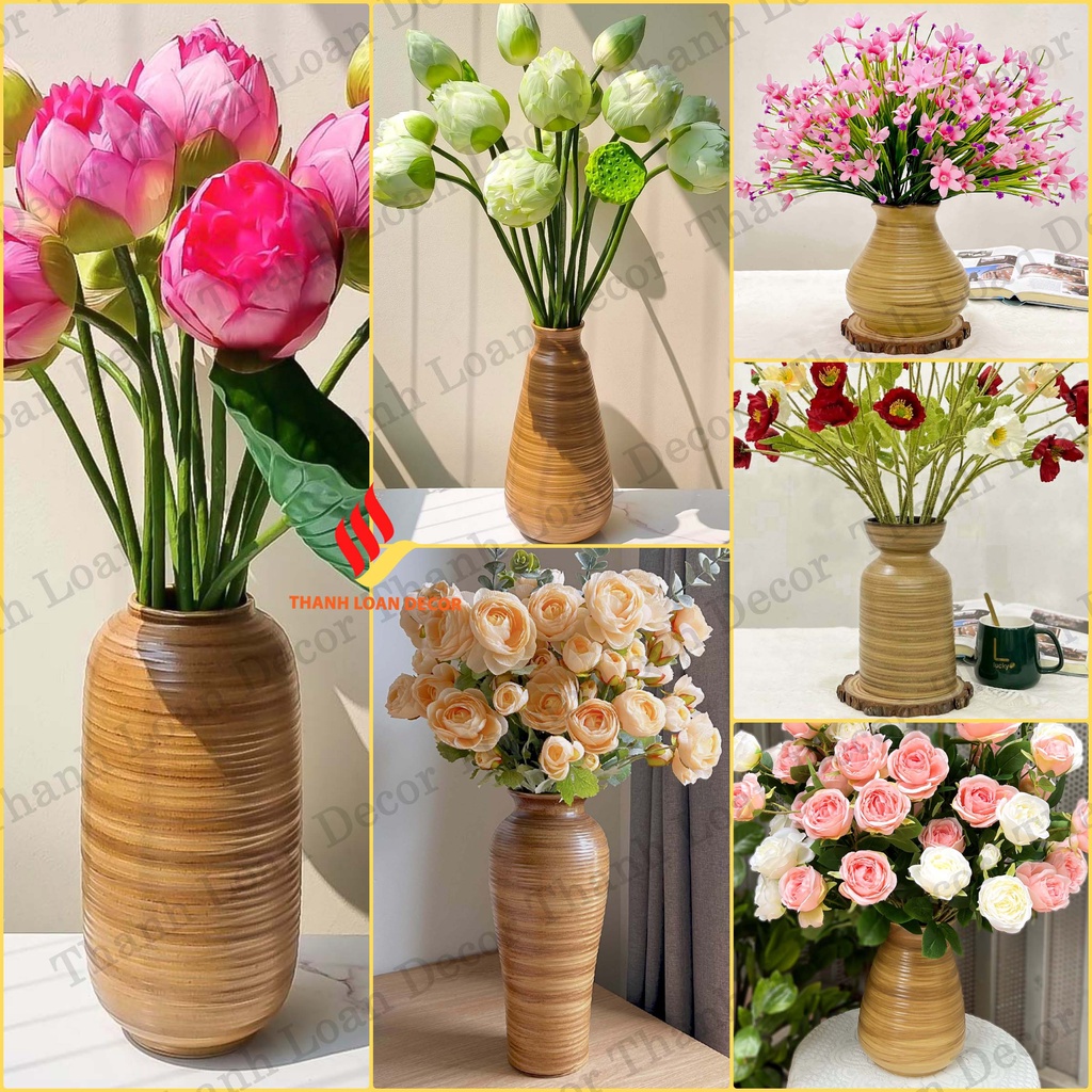 Lọ cắm hoa gốm Bát Tràng men mộc - Bình hoa decor trang trí nhà đẹp - Màu vàng
