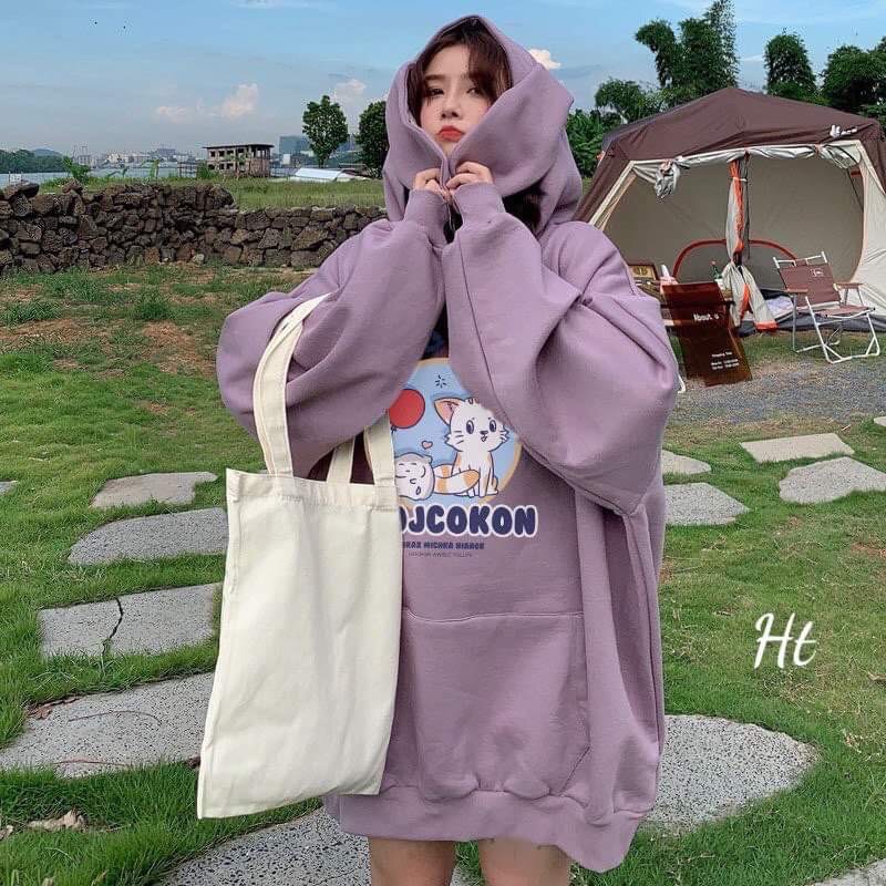 áo hoodie nỉ bông tai thỏ dài in mèo | BigBuy360 - bigbuy360.vn