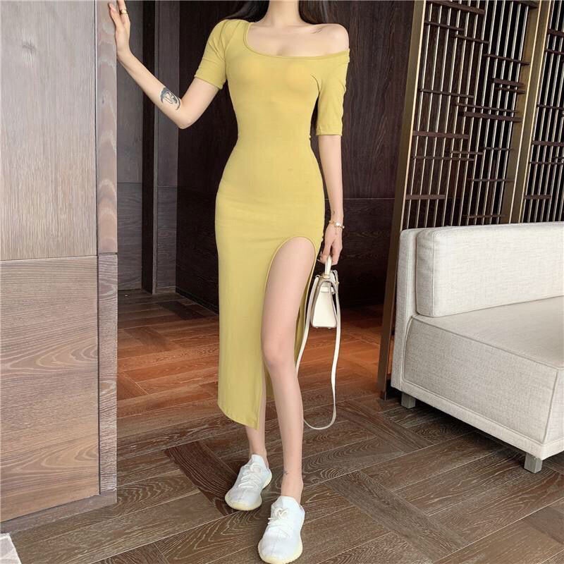 Đầm YEYA cổ vuông tay ngắn xẻ tà phong cách Hàn Quốc mới cho nữ