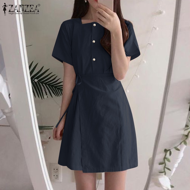 Đầm Zanzea tay ngắn cổ vuông thiết kế buộc dây phong cách Hàn Quốc thời trang cho nữ