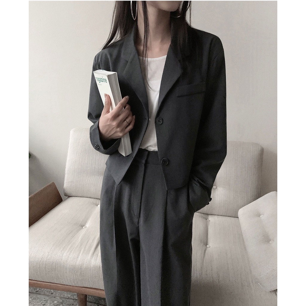 Set Áo Khoác Ngắn Dáng Rộng + Quần Dài Eo Cao Phong Cách Mới 45630