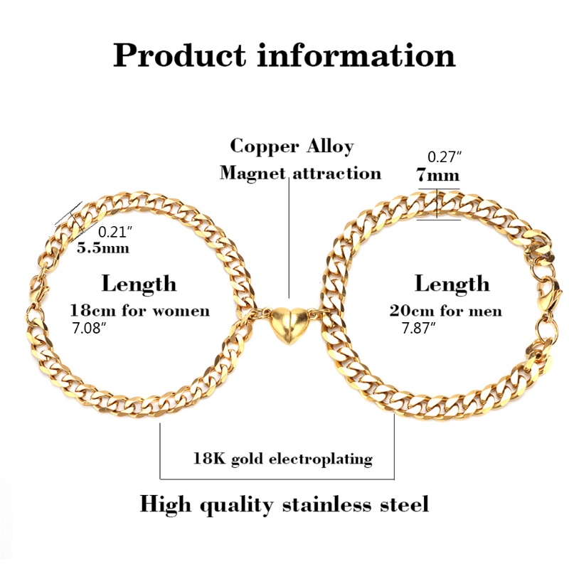 Set 2 Vòng Tay Chuỗi Hạt Nam Châm Mặt Hình Trái Tim Màu Vàng Cho Cặp Đôi