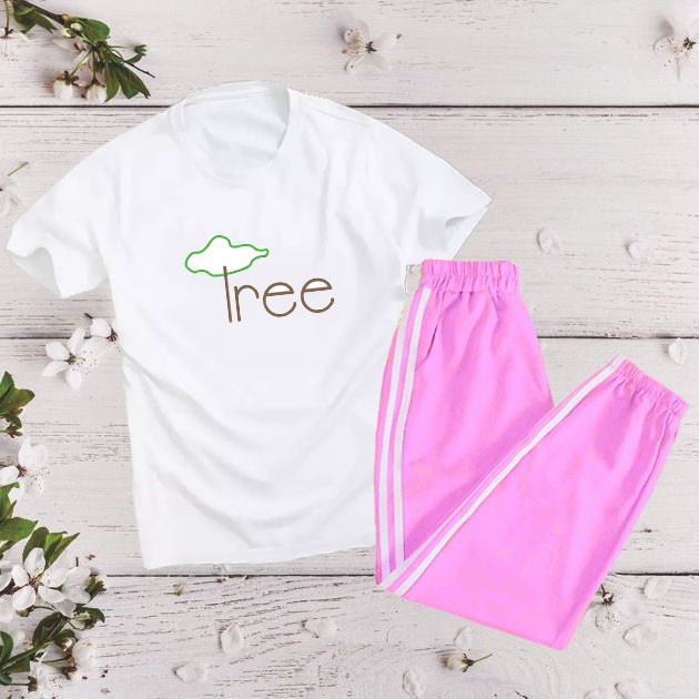 Set Bộ Nữ Mùa Hè Gồm Áo Phông Cotton Organic Ngắn Tay In Chữ Tree Cách Điệu Kết Hợp Quần Thun Dài Bo Gấu Sọc Kẻ Trắng