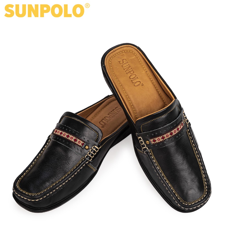 Giày sục dép nam Da bò cao cấp SUNPOLO đi làm công sở, đi chơi Màu Đen - SPO002