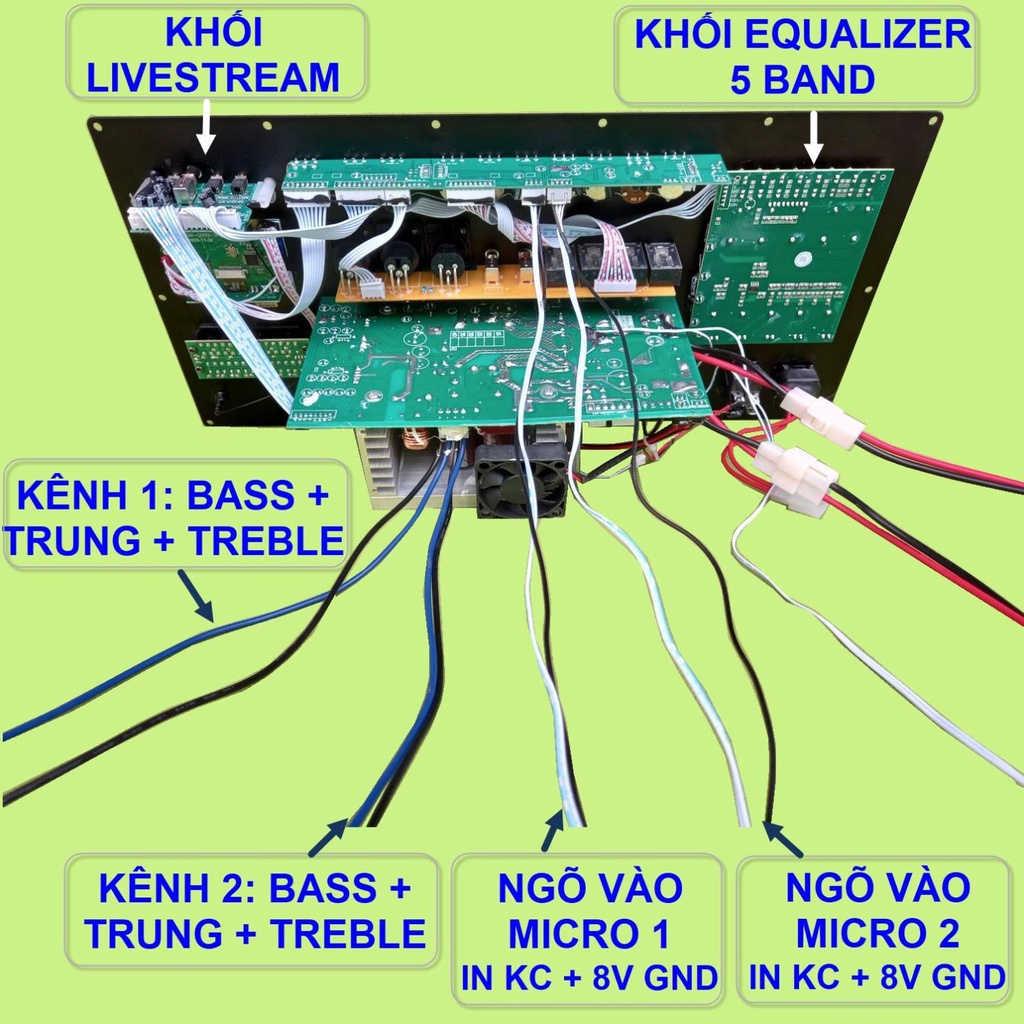 Mạch loa kéo 3 loa công suất thực 1000W DSP Reverb Echo Livestream có chống hú - Equalizer 5 Band kèm 2 tay micro