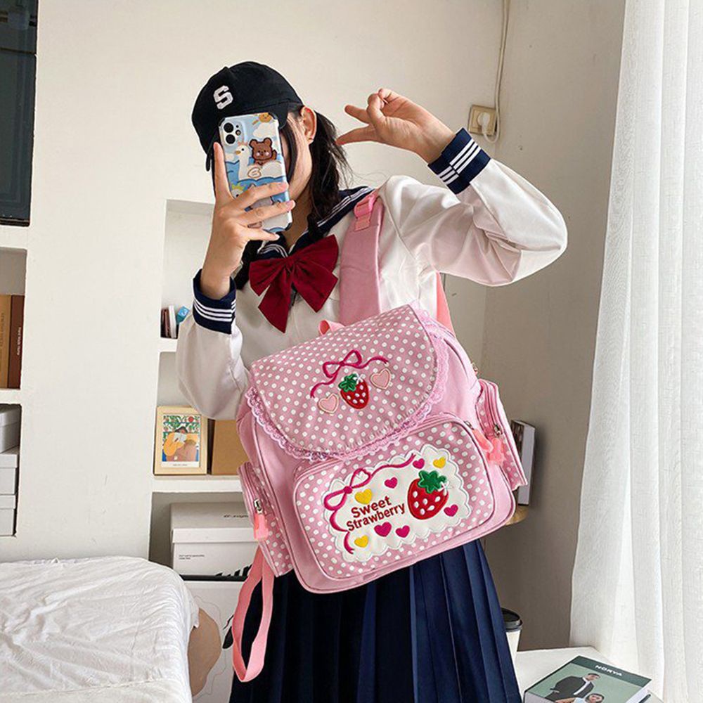Balo thêu họa tiết dâu tây dễ thương phong cách thời trang Nhật Bản dành cho nữ
