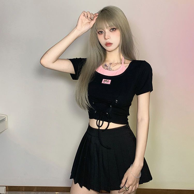 Áo Thun Crop Top Tay Ngắn Giả Hai Lớp Cột Dây Dễ Thương Cho Bạn Gái