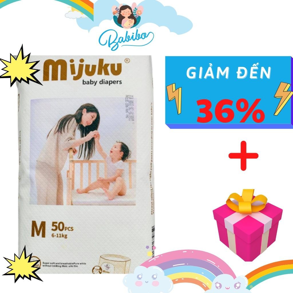 Bỉm Mijuku, tã quần siêu thấm hút cho bé loại dán và quần đủ size S/M/L/XL/XXL/XXXL số lượng 50 chiếc cho trẻ 3-27kg