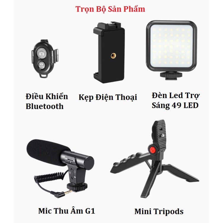 Giá Đỡ Điện Thoại Vlog Shot Kit Kiêm Mic Ghi Âm, Đèn Led, Gậy Tripods Có Điều Khiển Dùng Cho Quay Video Livestream Chụp