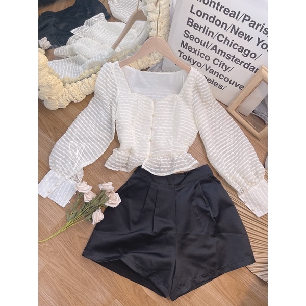 SET ÁO PEPLUM BI NỔI XỐP KEM + QUẦN SHORT ĐEN