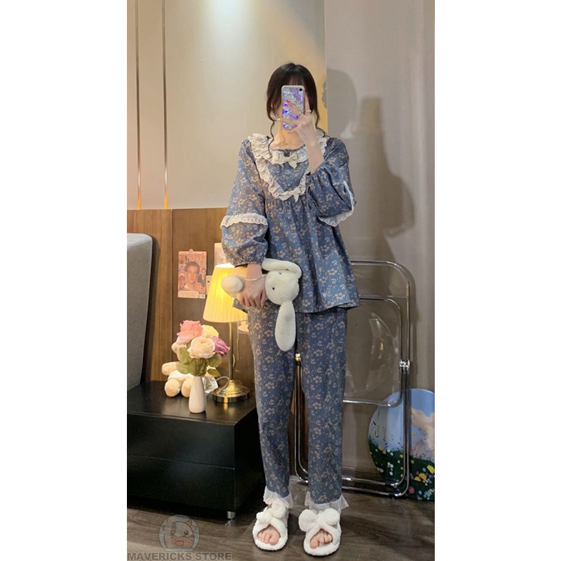 Bộ Đồ Ngủ Dài Tay Phối Ren Hoa Thời Trang Mùa Xuân